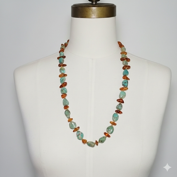 Turquoise Amber 26" Necklace Vintage Gold Plated Natural Gemstone Lobster Clasp - Picture 3 of 8